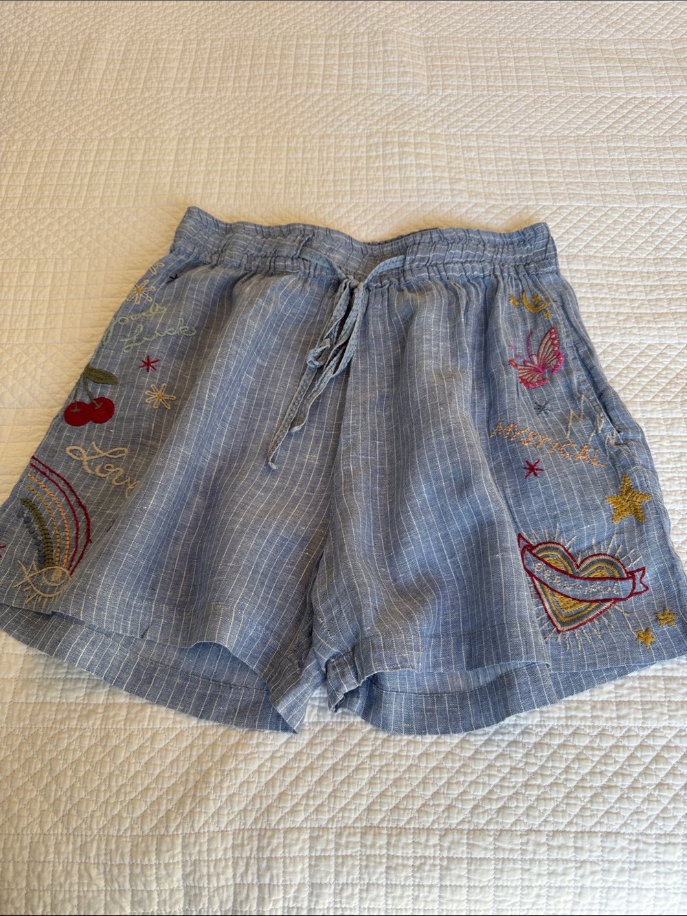 Johnny Was Odine Blue Stripped Embroidered Paper Bag Linen Shorts S